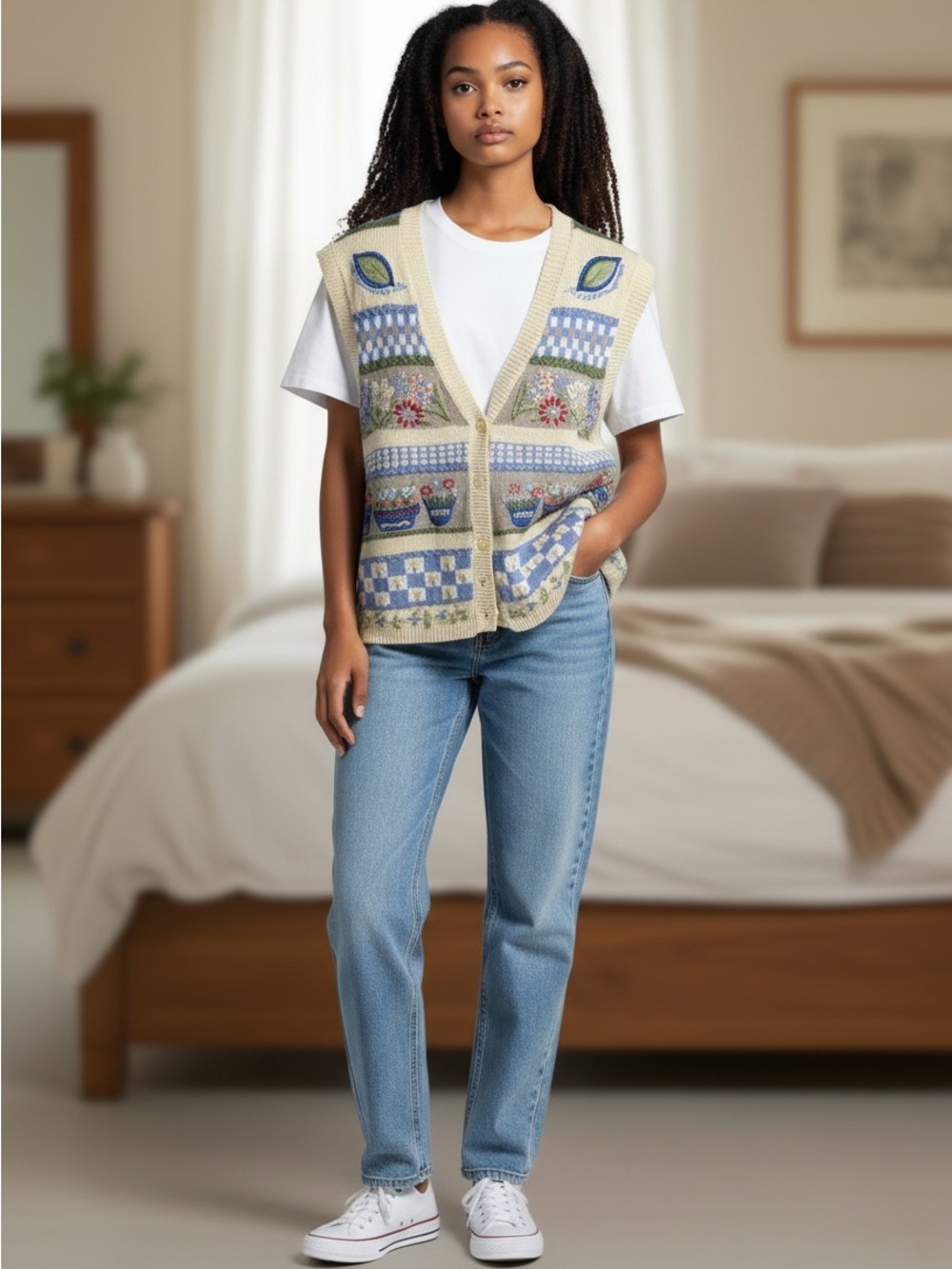 Koret Cream & Blue Embroidered Knit Cottage Patterned V-Neck Sweater Vest